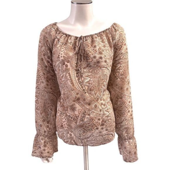 Apostrophe All Polyester Brown Hues Long Sleeve Bell Cut Cuffs Blouse Size 8 - Picture 1 of 9